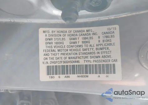 2016 Honda Civic Lx из США, поврежденный, VIN 2HGFC2F56GH504446